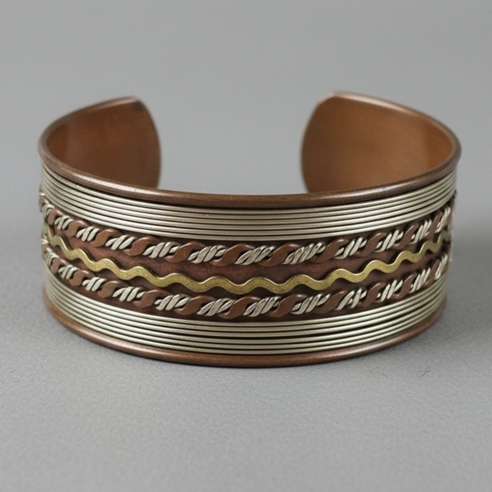 Vintage Handcrafted Twisted Copper and Gold Tone Cuff Bracelet  Boho jewelry